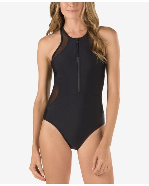 Speedo Black High-neck Zip-front Illusion One-piece Swimsuit