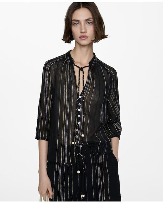 Mango Black Striped Bow Blouse