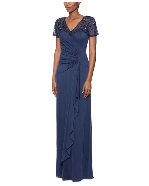 Xscape Blue Sequined Mesh-sleeve Gown