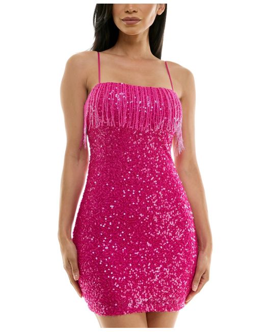 B Darlin Pink Sequin Beaded-fringe Mini Dress