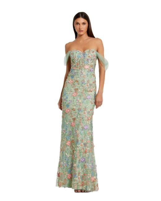 Mac Duggal Green Off The Shoulder Bustier Emboridered Net Gown