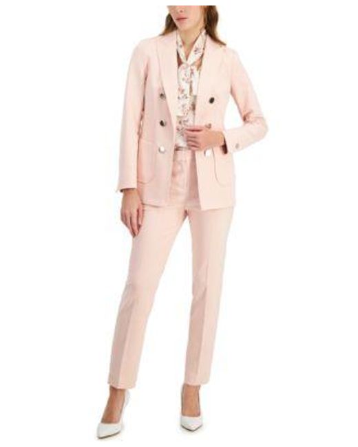 Anne Klein Pink Printed Tie Neck Sleeveless Blouse Straight Leg Mid Rise Ankle Pants Faux Double Breasted Patch Pocket Jacket
