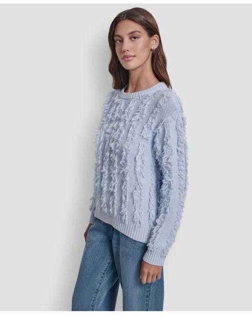 DKNY Blue Petite Fringe Crewneck Sweater