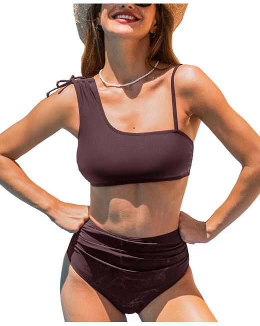 CUPSHE Brown Asymmetrical Neck Drawstring Shirred Bikini Sets
