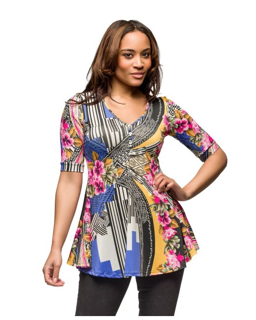24seven Comfort Apparel White Multicolor Floral Print Elbow Sleeve V-neck Henley Tunic Top