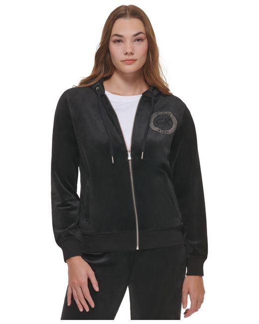 Calvin Klein Velour Jacket With Crystal Logo Detail in Black Lyst