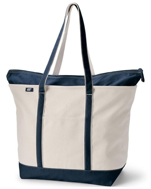 Lands' End White Extra Large 5 Pocket Zip Top Long Handle Canvas Tote Bag