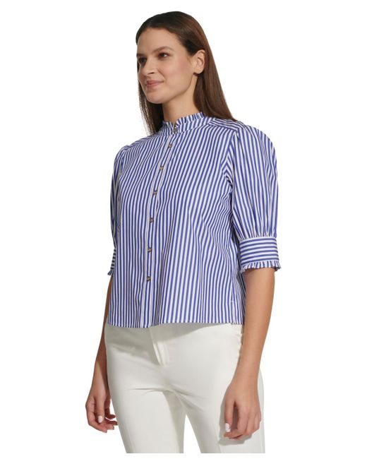 Tommy Hilfiger Blue Striped Short-sleeve Cotton Ruffle Blouse