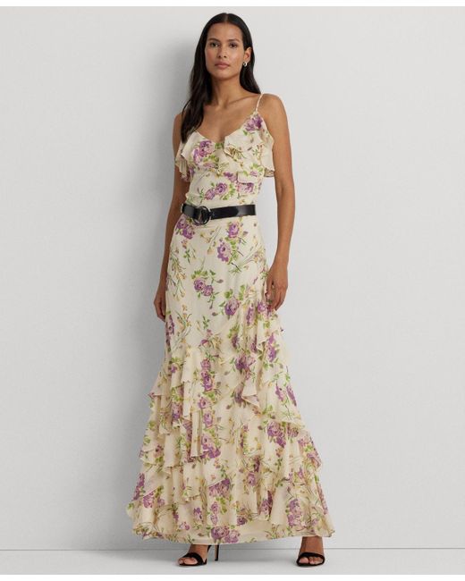 Lauren by Ralph Lauren Natural Ruffled Floral Column Gown