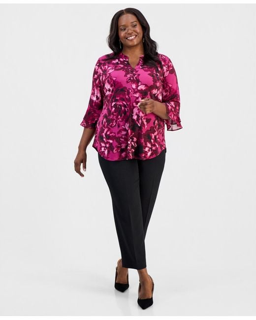 Kasper Red Plus Size Split-neck Printed Flutter-sleeve Top