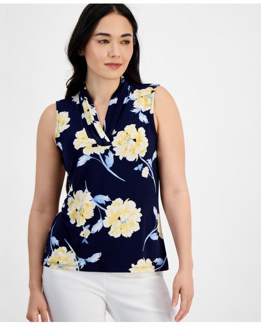 Anne Klein Blue Petite Printed Pleated-v-neck Sleeveless Top