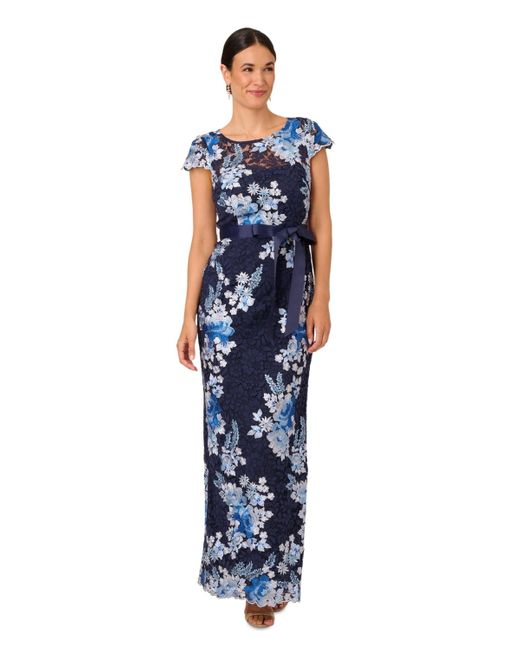 Adrianna Papell Blue Embroidered Lace Gown