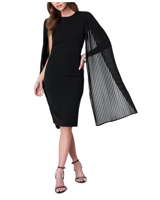 Bebe Black Pleated Cape-sleeve Fitted Midi Dress