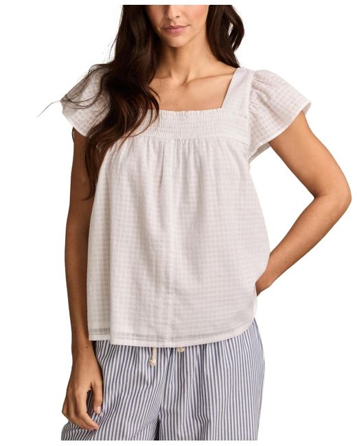Lucky Brand White Cotton Smocked Square-neck Peasant Top