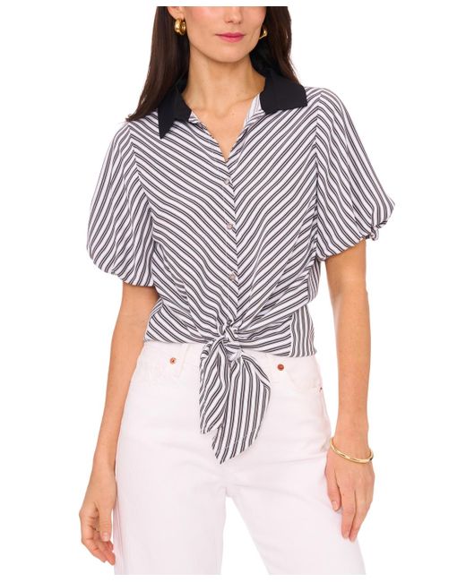 Vince Camuto Gray Chevron-stripe Puff-sleeve Tie-front Top