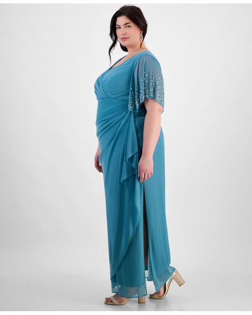Alex Evenings Blue Plus Size Embellished-sleeve Draped Chiffon Gown