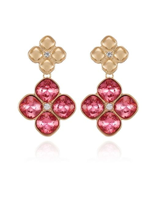 Tahari Pink Tone Rose Glass Stone Clip On Drop Earrings