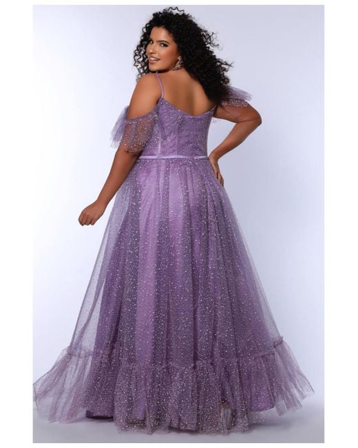 Sydney's Closet Purple V-neckline Flutter Sleeve Slim A-line Gown