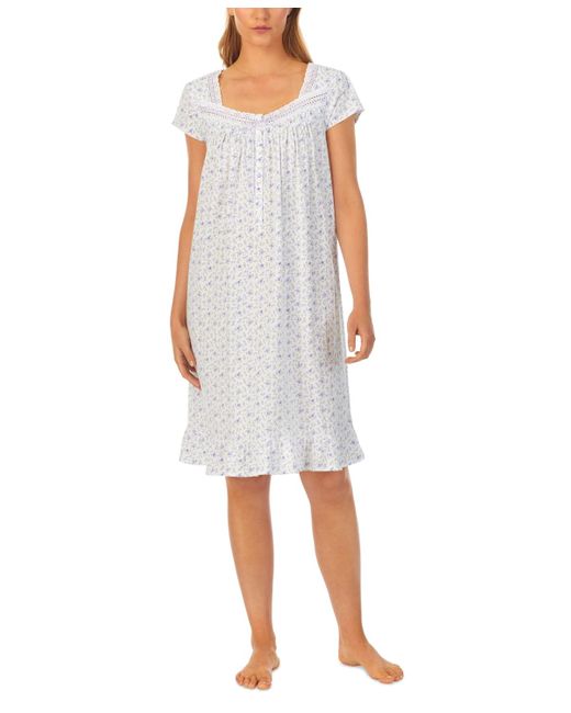 Eileen West White Cotton Cap-sleeve Floral Nightgown