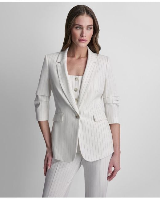 DKNY Gray Pinstripe One-button Notch Collar Jacket