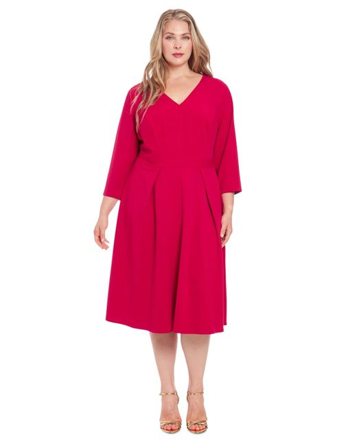 London Times Red Plus Size Topstitched 3/4-sleeve Dress