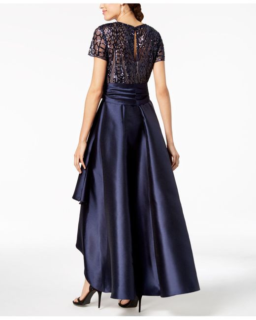 R & M Richards Satin High-low Sequin-embellished Gown in Navy (Blue) - Lyst