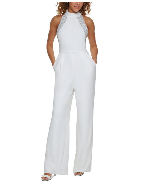 Calvin Klein White Rhinestone-beaded Halter-neck Jumpsuit