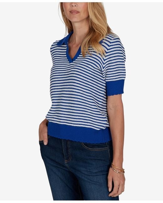 Ruby Rd Blue Petite Two-tone Collared Elbow-sleeve Sweater
