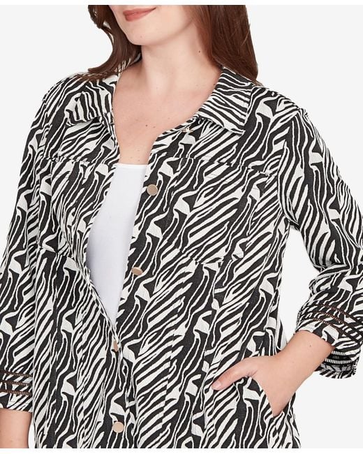Ruby Rd Black Petite Zebra Collared Knit Swing Jacket