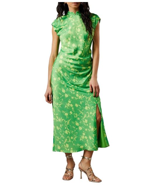 Warehouse Green Crinkle Satin Button Side Midi Dress
