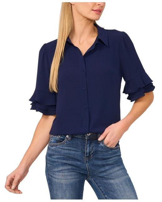 Cece Blue Button-front Ruffled 3/4-sleeve Blouse