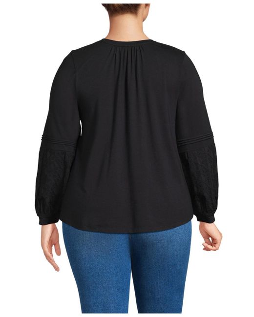 Lands' End Black Plus Size Lightweight Jersey Lace Mix Long Sleeve Pintuck Top
