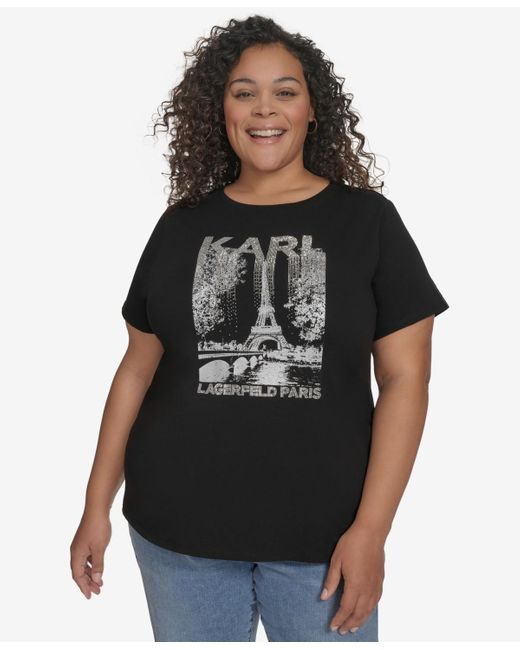 Karl Lagerfeld Black Plus Size Embellished Eiffel Tower Tee