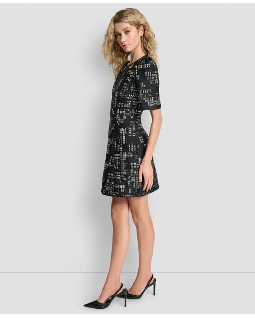 DKNY Black Abstract Print Zip Front Mini Dress