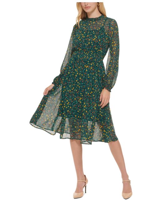 Calvin Klein Green Floral-print Smocked Midi Dress