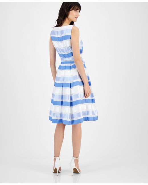 Anne Klein Blue Striped Sleeveless Tie-waist Fit & Flare Dress