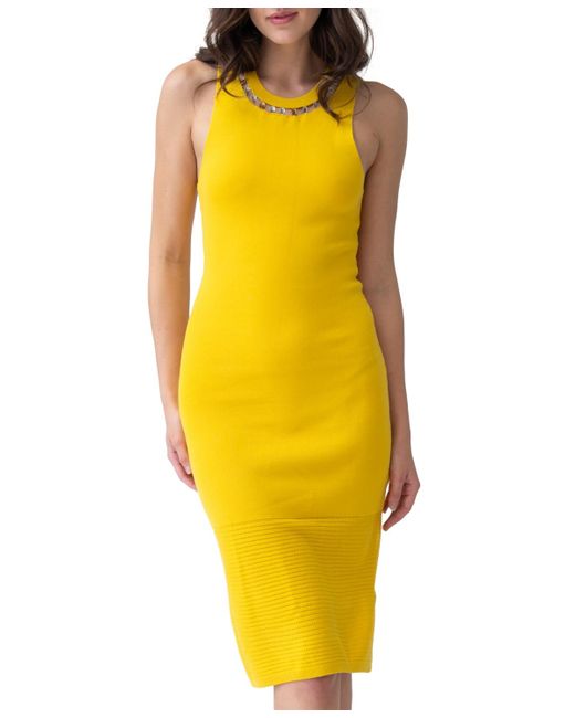 Adrienne Landau Yellow Embellished-neck Dress