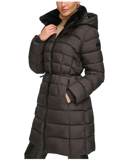 DKNY Rope Belted Faux-fur-trim Hooded Puffer Coat in Black | Lyst