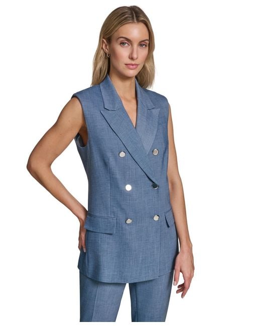 Calvin Klein Blue Petite Collared Front-button Vest