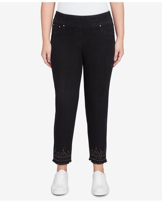 Ruby Rd Black Petite Pull On Embroidered Hem Ankle Jeans