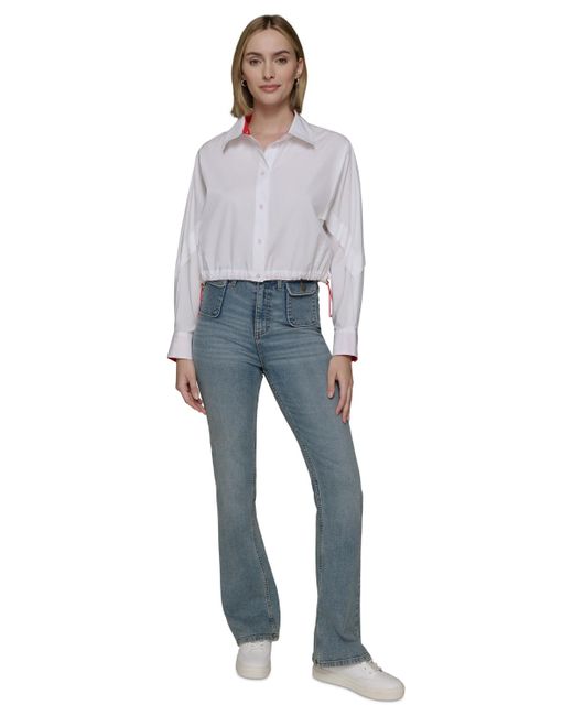 Karl Lagerfeld Gray Cotton Contrast-collar Drawcord Button-front Top