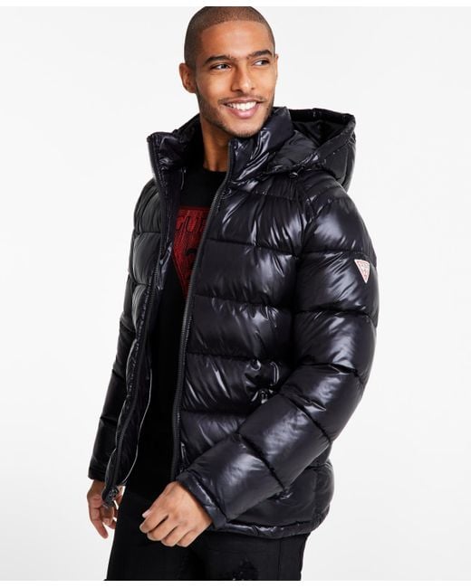 Guess Black Men's Hooded Puffer Coat for men