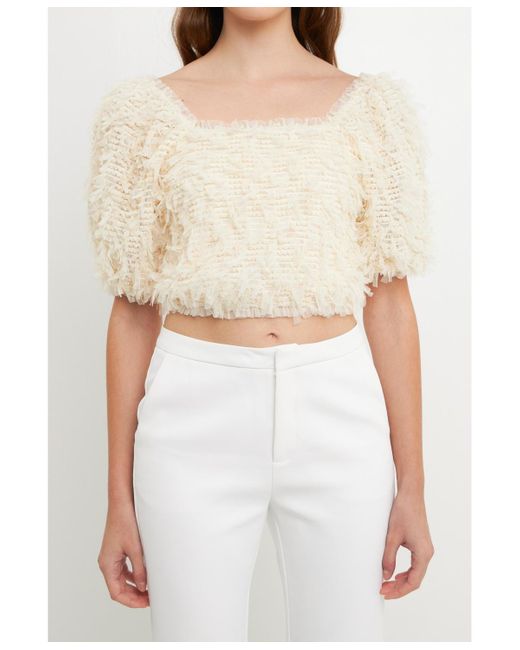 Endless Rose White Mesh Trimmed Puff Sleeve Top