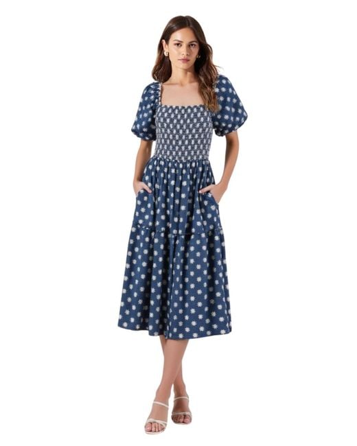 Modenaire Blue Smocked Puff-sleeve Tiered Midi Dress