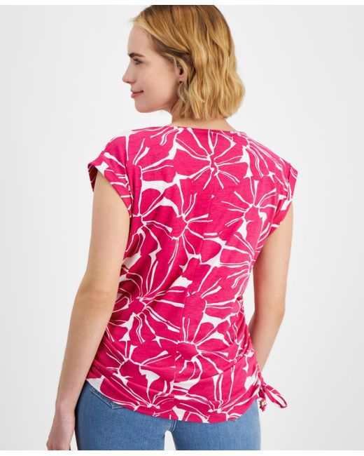 INC International Concepts Pink Petite Floral-print Tie-hem Top