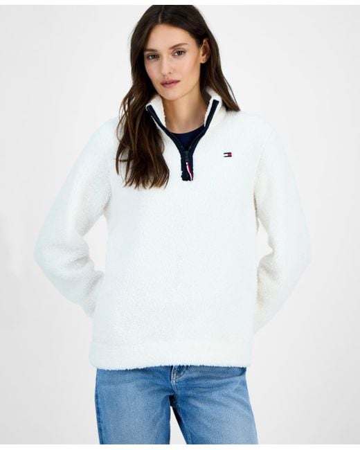 Tommy Hilfiger White Quarter-zip Faux-sherpa Jacket