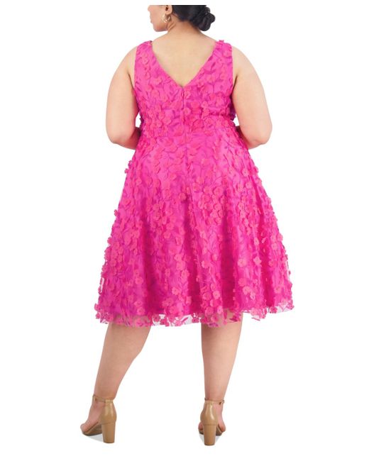 Eliza J Pink Plus Size 3d Floral-applique Fit & Flare Dress