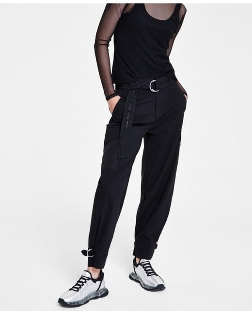 DKNY Belted Mixed Media Cargo Pants in Black | Lyst