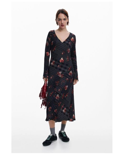 knee length dresses for ladies Desigual Black and Pink Floral Sleeveless V-Neck Midi Dress