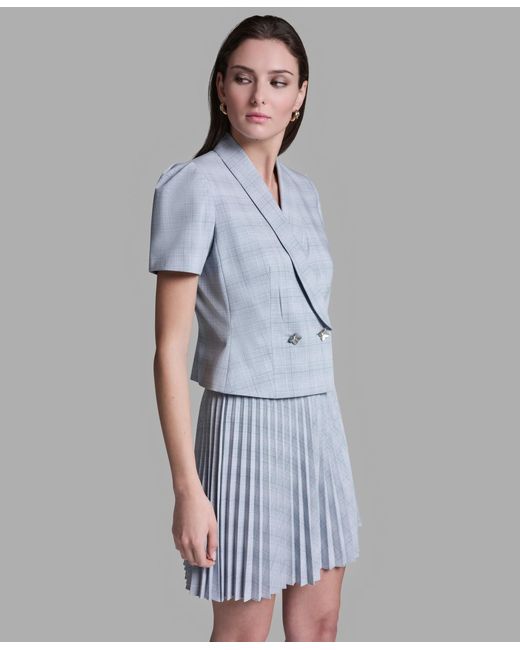 BCBGMAXAZRIA Blue Draped Collar Two Button Plaid Jacket